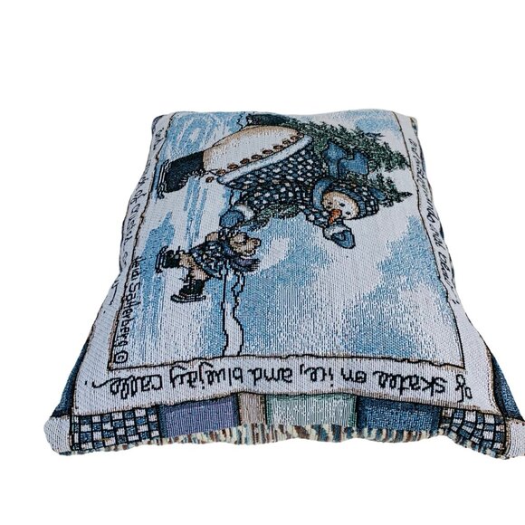 Winter Decorative Tapestry Throw Pillow Ice Skating Snowman Baby Bear Signed - Picture 3 of 9